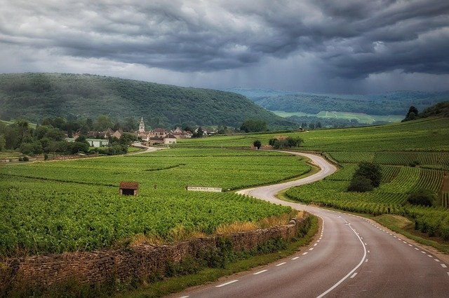 road, nature, vineyards, clouds, burgundy, france, landscape